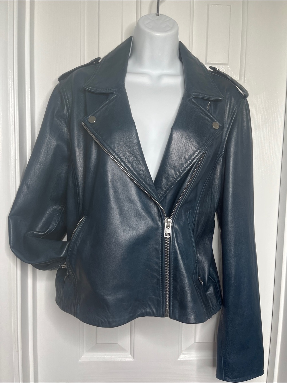 Lucky Brand Navy Blue Leather Moto jacket Size Large
